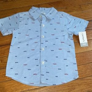 Boys blue “happy little guy” print button up